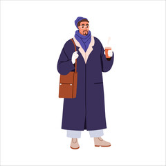 Modern man in fashion winter clothes, warming with hot coffee, takeout drink, holding takeaway cup in hand. Stylish person in trendy hat, coat. Flat vector illustration isolated on white background