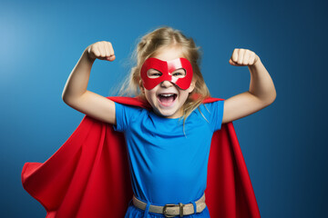 young girl child in a superhero costume, striking a triumphant pose with a smile, brave and confidence concept. Generative AI - obrazy, fototapety, plakaty