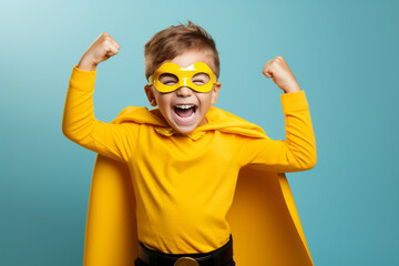 Naklejka premium young boy child in a superhero costume, striking a triumphant pose with a smile, brave and confidence concept. Generative AI