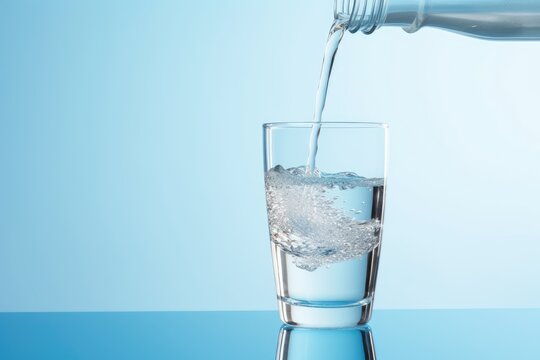 Pouring water from bottle into glass on blue background