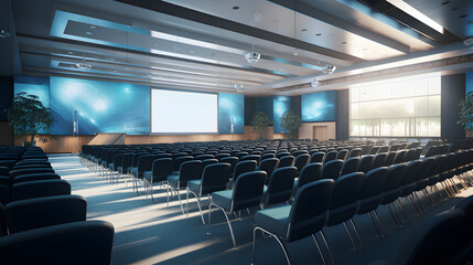 A high-resolution image capturing a state-of-the-art conference hall, ready for a corporate event. Ideal for promotional material, featuring ample space for logos and event details.