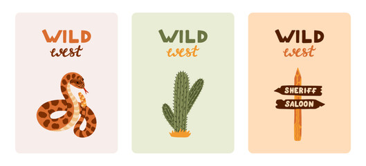 Set of cute greeting cards about Wild West, cowgirl and cowboys. Poster for the party with illustration in western theme and hand drawn lettering. Postcard template with symbols of Texas