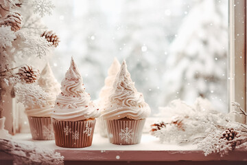 Cup cakes decorated with Christmas ornament close to the window and snow flake outside.