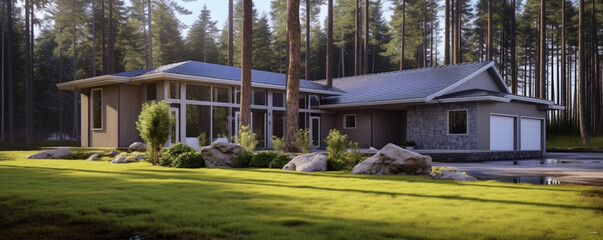 Luxury Single Story Home Exterior Surrounded by Trees