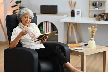 Beautiful senior woman sitting on comfortable armchair and reading book. Elderly lifestyle concept.
