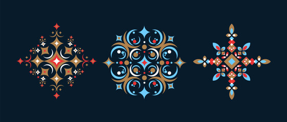 A set of abstract multicolored snowflakes with a geometric pattern.A Christmas symbol. Vector illustration.