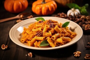 Traditional Italian pumpkin pasta with nuts - obrazy, fototapety, plakaty