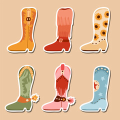 Set of stickers with retro cowgirl boots for planners, notebooks. Ready for print list of cute Wild West stickers. Simple vector doodles of cowboy western boots with traditional pattern, fringe, spur