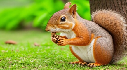 close-up of squirrel on a tree, squirrel in the park, squirrel eating nut in the forest