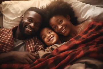 The portrait of a happy family, father and his children, laying in a bed under a warm blanket together at night time, Generative AI.