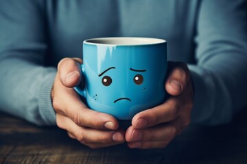 Man holding a blue mug with sad face because is blue monday