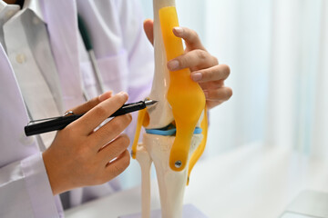 Female doctor, orthopedists showing knee joint model during online consultation. Telemedicine and healthcare concept