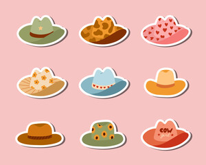 Set of stickers with hand drawn cowgirl and cowboy hat for planners, notebooks. Ready for print list of cute western stickers. Simple vector doodles with sheriff hat with heart, cow, flower print.