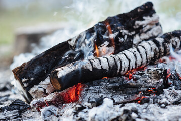 Vivid smoldered firewood burned in a close-up. Atmospheric warm background with orange flame of campfire. Unimaginable full-frame image of bonfire. Burning logs in beautiful fire. Wonderful flame.