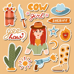 Big set of stickers with cowgirl illustrations for planners, notebooks. Ready for print list of cute stickers. Hand drawn simple vector doodles with symbols of Texas, Wild West, cowboy and cow girl.