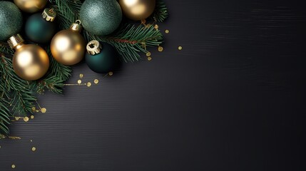 Spruce branches, cones and Christmas decoration gold ball isolated dark background.AI generated