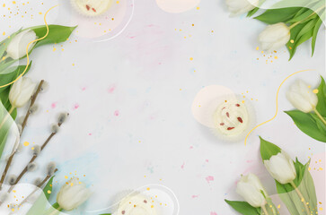 White tulips, cupcakes and graphics, flatlay pastel background.