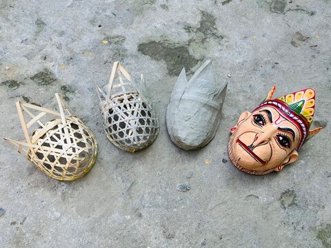 Mask Making culture of Majuli Assam ; the process of mask making ; different stages of  Mask