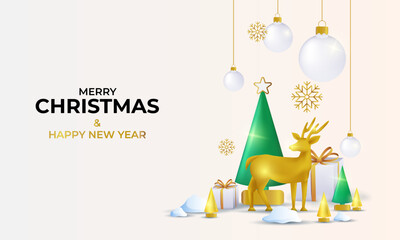 Merry Christmas and Happy New Year. Christmas background with beautiful glass balls hanging decorations 