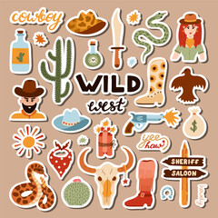 Big set of stickers with illustrations on Wild West and cowboy theme for planners, notebooks. Ready for print list of cute stickers. Hand drawn simple vector doodles with symbols of Texas, cowgirl.