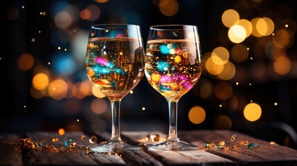 Amidst the shimmering lights, two glasses of champagne glisten, adorned with confetti and serpentine, embodying the spirit of a lively night celebration.