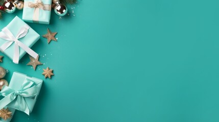 Christmas flat lay with a gifts on a turquoise background with a place for text. AI generated