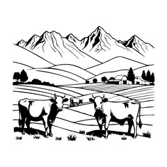 Cows and farm against the background of mountains.