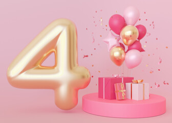 Golden number four on pink background. 4 Years Old. Fourth Birthday Celebration. Girls party. Baby girl celebrates. Special event. Anniversary of the beauty company, women's business. 3D Render.