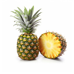 Fresh whole and cut pineapple isolated on white background