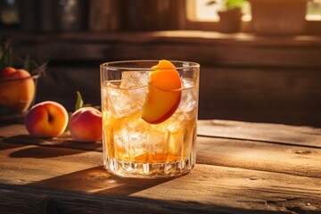 A chilled glass of Peach Schnapps, glistening with condensation, sits on a rustic wooden table in a warm, inviting tavern - obrazy, fototapety, plakaty