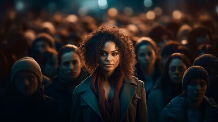 Strong Afro American confident business woman standing in front of crowd of people on a busy street - obrazy, fototapety, plakaty