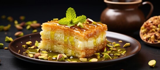 Traditional Middle Eastern sweets like kunefe kunafa and kadayif served with pistachios are popular Turkish and Arabic desserts With copyspace for text