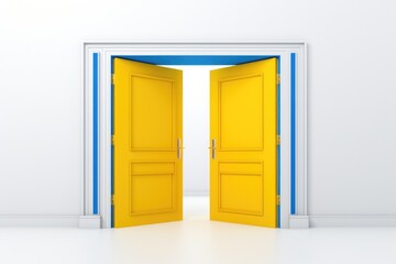 Modern architecture. Bright yellow double doors open to new opportunities in a minimalist white room.