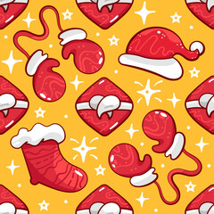 Christmas themed vector pattern with gifts, mittens, hats and Santa boots in a cute cartoon style.