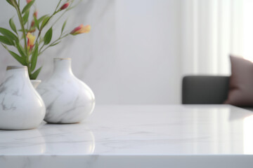 Mockup space on modern white marble tabletop over blurred white living room background