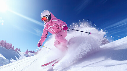 woman skier in a pink jacket is skiing at winter scenery - obrazy, fototapety, plakaty