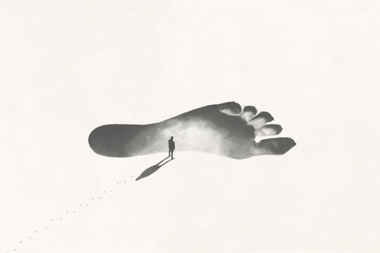 Illustration of a little man following huge footprints in the sand, surreal concept