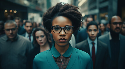 Strong Afro American confident business woman standing in front of crowd of people on a busy street - Powered by Adobe