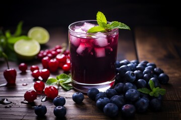 A refreshing glass of blueberry and cherry blend, beautifully presented on a rustic wooden table with fresh berries scattered around
