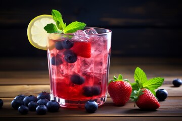 A Refreshing Glass of Homemade Blueberry and Strawberry Lemonade, Garnished with Fresh Berries and a Slice of Lemon on a Rustic Wooden Table