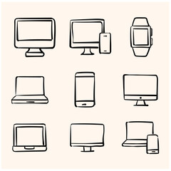 doodle line art set device. Simple pictograms for websites and mobile applications.