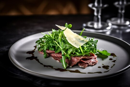 Appetizer of beef tagliata with parmesan cheese and arugula, menu, recipe, cooking book, generative ai