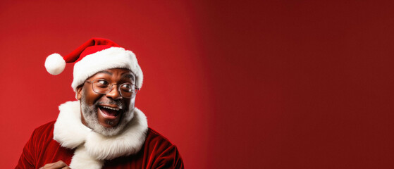 Black Santa claus in red santa costume looking away, banner. - obrazy, fototapety, plakaty