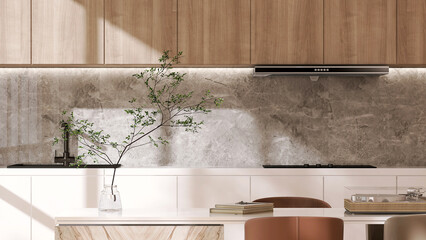 Dining room with table and chair with kitchen, white cabinet counter, wooden cupboard, induction...