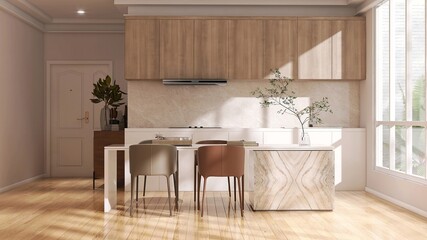 Apartment with dining table, chair with kitchen, white cabinet counter, wooden cupboard, induction stove, hood sink in sunlight from window for luxury interior design decoration, product background 3D