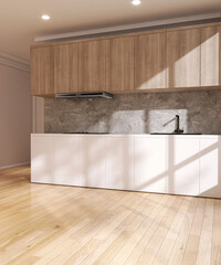 Laminated parquet floor of kitchen with white cabinet counter, wooden cupboard, induction stove,...