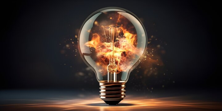 electric light bulb explodes and flies away on a black background Glowing light bulb on dark background idea and creativity conceptgenerative Ai Generative

