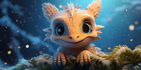 A cute adorable baby dragon lizard 3d stands in nature in the style of children friendly cartoon animation fantasy style cute little dragon in forest with bokeh blue background Ai Generative - obrazy, fototapety, plakaty