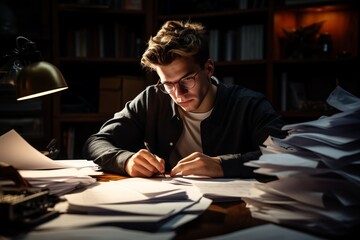 Young man sitting at the table and working hard, a lots of documents in workplace. Overworked guy. AI generated - obrazy, fototapety, plakaty