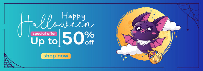 Shopping web banner for halloween sale with kawaii bat. Brochure, flyer, discount, special offer with calligraphic text. Halloween cartoon character vector illustration
